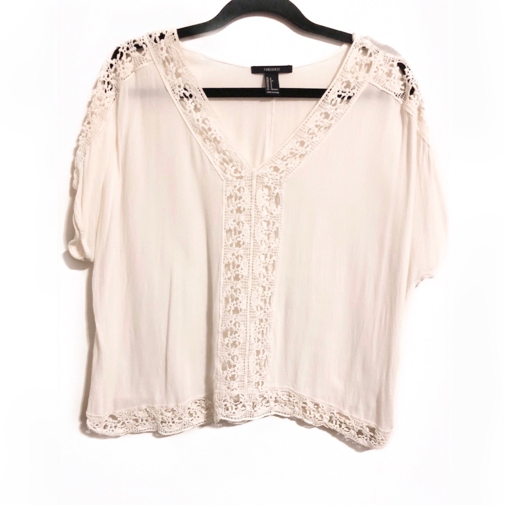 White Crochet Trim V-Neck Women's Top